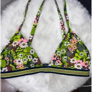 Aerie Green Retro Floral Bohemian Padded Cross Strap Bikini Top- Size Small
